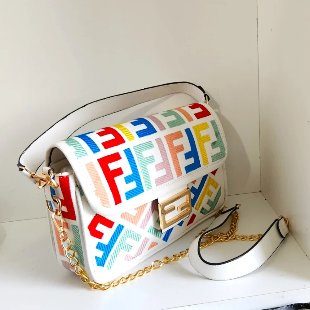 White Crossbody Bag with Multicolor Logo Print
